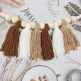 Garden Decorations Wall Hanging Decor Nordic Cotton Rope Wooden Bead Garland with Tassel Props Children's Room Decoration