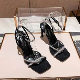 2023 new Joker square head silver rhinestone buckle high-heeled sandals sweet wind thin high-heeled sexy sandals