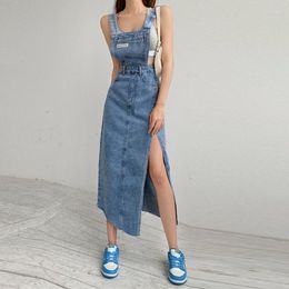 Casual Dresses Sleeveless Women Denim Suspender Dress 2023 Korean Fashion Blue Midi Tank Streetwear Female Braces Slit