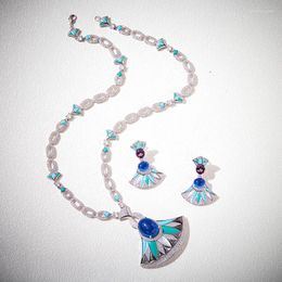 Necklace Earrings Set Luxury Gold Plated Natural Shell Pearl Blue Turquoise Stone Coloured Fan-shaped Large Jewellery Women