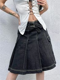 Skirts TARUXY Cotton Retro Denim Pleated Skirt For Women Pocket Girl Mid-length Ladies Street Casual Office Faldas De Mujer
