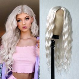 Lace Wigs Platinum Blonde Synthetic Lace Wigs 24 Inches Long Body Wave Synthetic Wig White Wavy Lace Wigs for Women Z0613