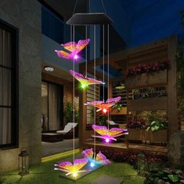 Garden Decorations Solar Power Changeable Light Waterproof Colourful Butterfly Wind Chime Lamp for Home Outdoor Garden Yard Decoration R230613