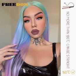 Woman Synthetic Lace Wigs Long Natural Wave 30inch Omber Blue Rainbow Color Pink Hair Wigs Heat Resistant Fiber Cosplay Wigs 230524