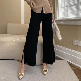 Women's Pants French High Waist Split Pit Knit Straight Wide Leg Hanging Solid Colour 2023 Early Spring Women