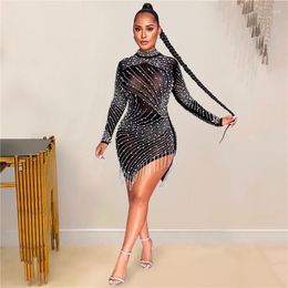 Casual Dresses Elegant Long Sleeve Diamonds Dress Fashion Beaded Tassel See Through Mesh Clothing Sexy Bodycon Evening Party Club Lady