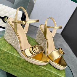 women Linen Wedge Leather sandal Ankle Strap summer holiday Platform women's luxury designers sandal hand made shoe Metal buckle decoration high heels With box
