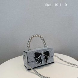 Bag 2023 New Korean Little Fresh Water Diamond Pearl Chain Bowknot Small Square Bag Handheld One Shoulder Crossbody Bag 230613