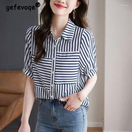Women's Blouses Women Stylish Striped Print Elegant Button Up Shirt Summer Korean Style Short Sleeve Blouse Casual Chic Loose Tops Blusas