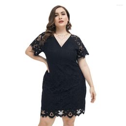 Plus Size Dresses Black Lace Dress For Women 2023 Summer V-neck Wrap Hip Skirt Elegant Casual Female Clothing