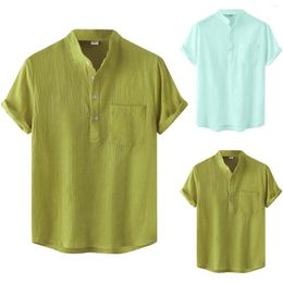 Men's Casual Shirts Western Men Male Solid Shirt Short Sleeve Stand Collar Blouse Tops Thin Long T