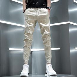 Pants Pants Men 2022 Summer Fashion Striped Jogging Trousers Streetwear Casual Khaki Elastic Waist Drawstring Slim Fit Joggers