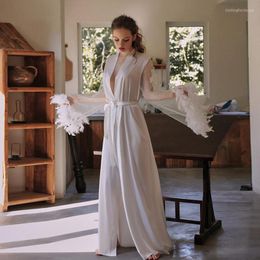 Women's Sleepwear Ultra Long Bride Robe Female Sexy Wedding Robes Women Feather Cuffs White Bathrobe Gown Embroidery Lace Homewear