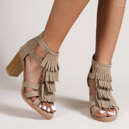 Sandals Ladies Shoes On Sale High Quality Open Toe Women's Summer Tassel Cover Heel Female Zipper Large Size Chunky Heels