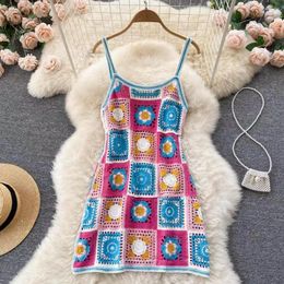 Casual Dresses Design Women's Contrast Colour Crochet Dress Sexy Strappy Beach Female Knitted Hollow Out Bohemia Woven Suspender