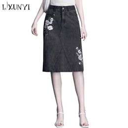 Dresses KoHuiJoo High Waist Slim Jeans Skirt Women 2022 Spring Summer New Vintage Flower Vintage Embroidered Denim Skirts Plus Size 4XL