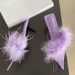 Liyke 2023 New Fashion Low Thin Heels Mules Slippers For Women PVC Transparent Shoes Purple Fluffy Feather Summer Slides Sandals