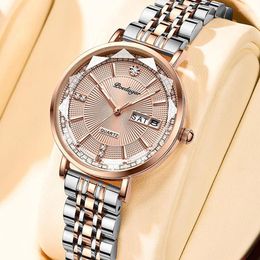 Wristwatches POEDAGAR 2023 Fashion Ladies Luxury Creative Rose Dial Week Quartz Watch Stainless Steel Strap Waterproof Watches 3013