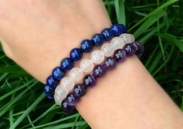 Strand 3PC SET !!! Natural Lapis Lazuli Rosequartz Purple Quartz Bracelet Wrist Mala Beads Stack Also Can Choose 1pc You Like