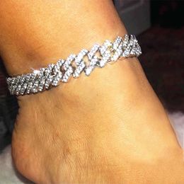 Anklets Punk Miami Cuban Link Anklets for Women Men Trendy Chunky Metal Chain Baguette Anklet Bracelet Shiny Crystal Rock Jewellery 230608