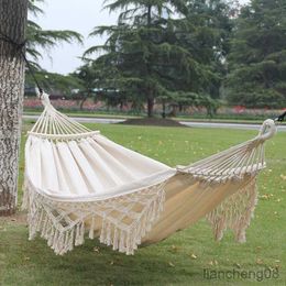 Hammocks Double Outdoor Hammock Camping Indoor Leisure Portable Swing Tassel Curved Stick R230613