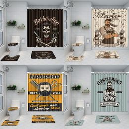 Curtains Beard Barber Hipster Haircut Shower Curtain Shave Vintage Barbershop Retro Bath Curtains With Rugs Toilet Seat Cover Set