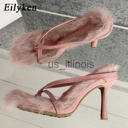 Slippers Eilyken 2023 New Design Faux Fur Slipper High Heels Shoes Fall Best Street Females Square Head Toe Clip-On Sandals Women J230613