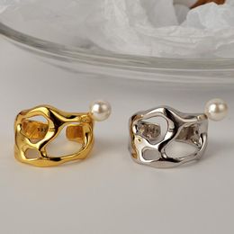 Cluster Rings 1PC Authentic 925 Sterling Silver Golden /WHITE Shell Pearl & Irregular Hollow Band Punk Adjust TLJ1280