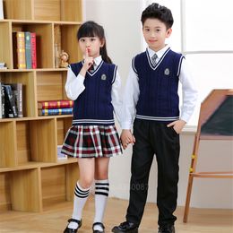 Clothing Sets Kid Japanese British Style School Uniforms Boy Girl Navy Cotton Plaid Skirt Student Class Outfit Kindergarten Stage Clothing Set 230612