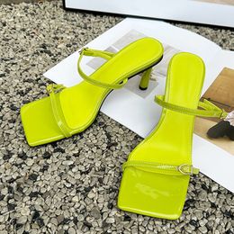 Liyke New Brand Design Double Buckle Womens High Heels Slippers Summer Sandals Gladiator Open Toe Slip On Slides Shoes Mules