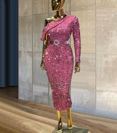 Fuchsia Sheath Tea Length Prom Formal Dress 2023 One Shoulder Sleeves Sparkly Sequined Birthday Party Evening Gowns Robe De Soiree