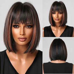 Lace Wigs Black Short Straight Synthetic Wigs with Bangs Bob Hair Red Brown Highlights Wig for Women Afro Daily Natural Wig Heat Resistant Z0613