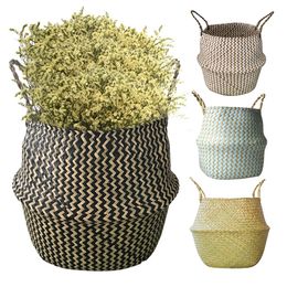 Storage Baskets Handmade Bamboo Nordic Foldable Laundry Straw Wicker Rattan Seagrass Belly Garden Flower Pot Planter Basket 230613