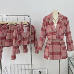 Work Dresses Lauri Laki Plaid Pink Lapel Double-breasted Suit Skirt Autumn Casual Woolen Commuter Temperament Two-piece