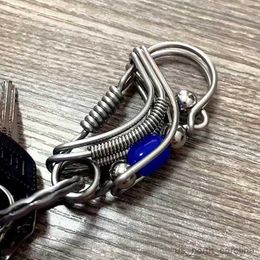 Garden Decorations Stainless Steel Handicraft Key Ring Hanging Buckle Blue Matte Bead Trinket Keyring Creative Men Gift Mini Decoration R230613