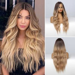 Lace Wigs Blonde Unicorn Synthetic Wig Ombre Blonde Brown Long Wigs Middle Part Hair Wig Daily Natural Wavy Heat Resistant Fiber for Women Z0613