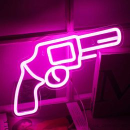 LED Neon Sign Neon Sign Lights Pink Gun Pistol Shaped Hanging Neon Night Lamps For Bedroom Game Room Decor Usb Witch Switch R230613