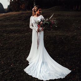 Chic Crochet Lace Bohemian Wedding Dress 2023 Elegant Chiffon Long Sleeve Boho White Rustic Country Bride Dress Civil Bridal Vestidos De Novia hippie Robes Mariee