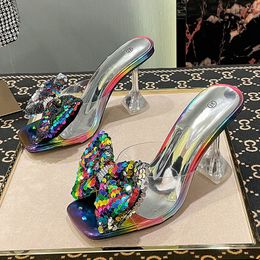 Transparent PVC Crystal Clear Heeled Women Slippers Fashion Fish Scales Bow High Heels Female Mules Slides Summer Sandals Shoes