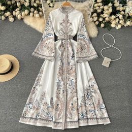 Casual Dresses Vintage Print Elegant Pleated Flare Long Sleeve Dress A-line With Belt Fashion Robe Women Summer Spring Vestidos