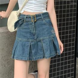 Skirts Pleated Denim Women High Waist Student Fashion Leisure All-match Summer Mini Holiday Solid Simple Korean Elegant Howdfeo