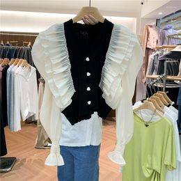 Women's Blouses 2023 Spring Fashion French Ruffles Long Lantern Sleeve Knit Shirt Top Women V Neck Unique Design Black Patchwork Slim Blouse