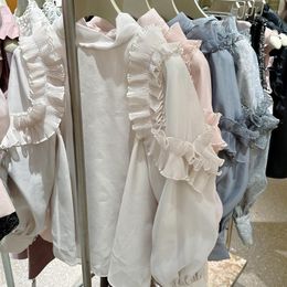 Women's Blouses WAKUTA Fashion Bow Solid Colour Japanese Spring Lace Sweet Blusas Pleated Ruffle Lantern Sleeve Shirt Women Tops