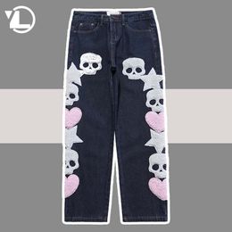Men's Jeans Ripped Jeans Men Skull and Five Stars Towel Embroidery Pants Harajuku Vibe Style Streetwear Oversize Casual Denim Trousers Black 230613