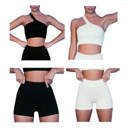 Active Sets 2 Pieces Exercise Outfits Skin Friendly Bras Shockproof Shorts With One Shoulder Crop Tops Gym Fitness Set Black Bra M