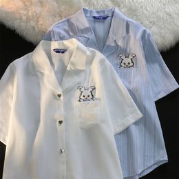 Harajuku High Quality Striped Button Up Shirt Kawaii Rabbit Pocket Casual Blouses White Tops Kawaii Clothes Teenage Hawaii