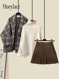 Work Dresses Autumn Winter Warm Clothes For Women French Vintage Notched V Neck Plaid Woollen Coats Knitted Sweater Pleated Skirts 3 Piece