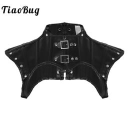 Tops TiaoBug Women Black PU Leather Lace up Chest Harness Shirt with Buckles Sexy Bondage Punk Gothic Rave Costume Crop Top Club Wear