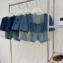 Women's Blouses Fashion Square Collar Women Denim Shirt Summer Short Sleeve Crop Tops Casual Zipper Jean Shirts