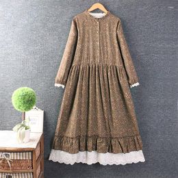 Casual Dresses Natural Cotton Linen Vintage Floral Print Long Dress Women 2023 Spring Summer Lace Lap Joint Loose Comfortable